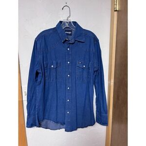 Wrangler Mens Blue Denim Western Pearl Snap Long Sleeve Shirt 15.5x34